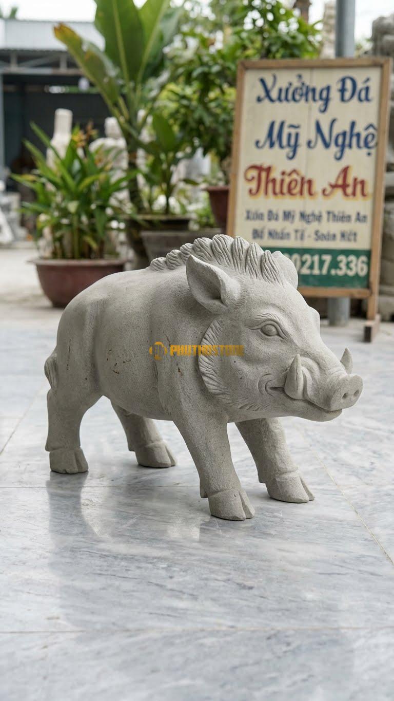Heo Rừng Bằng Đá Sa Thạch, Kiểu Dáng Có Nanh, Lông Dựng (Mạnh Mẽ Hơn Heo Nhà). Kích Thước Dài 35cm.