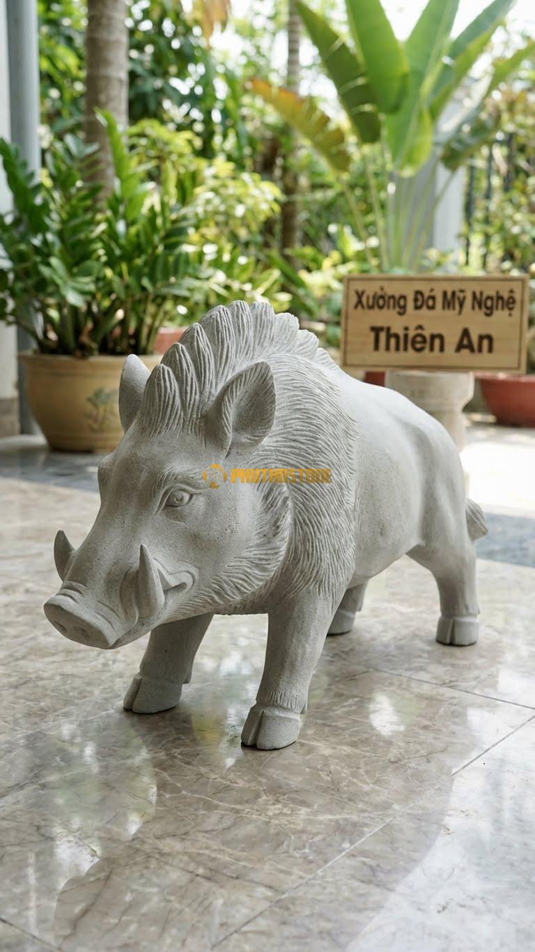Heo Rừng Bằng Đá Sa Thạch, Kiểu Dáng Có Nanh, Lông Dựng (Mạnh Mẽ Hơn Heo Nhà). Kích Thước Dài 35cm.