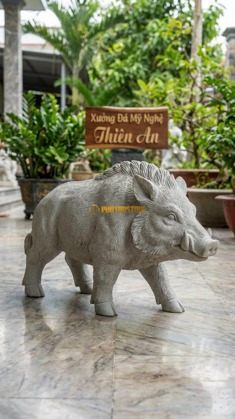 Heo Rừng Bằng Đá Sa Thạch, Kiểu Dáng Có Nanh, Lông Dựng (Mạnh Mẽ Hơn Heo Nhà). Kích Thước Dài 35cm.