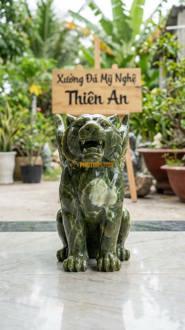 Hổ Có Cánh Bằng Đá Serpentine, Kiểu Dáng Biểu Tượng ‘Như Hổ Thêm Cánh’. Kích Thước Cao 45cm.