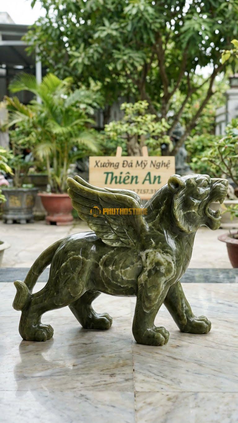 Hổ Có Cánh Bằng Đá Serpentine, Kiểu Dáng Biểu Tượng ‘Như Hổ Thêm Cánh’. Kích Thước Cao 45cm.