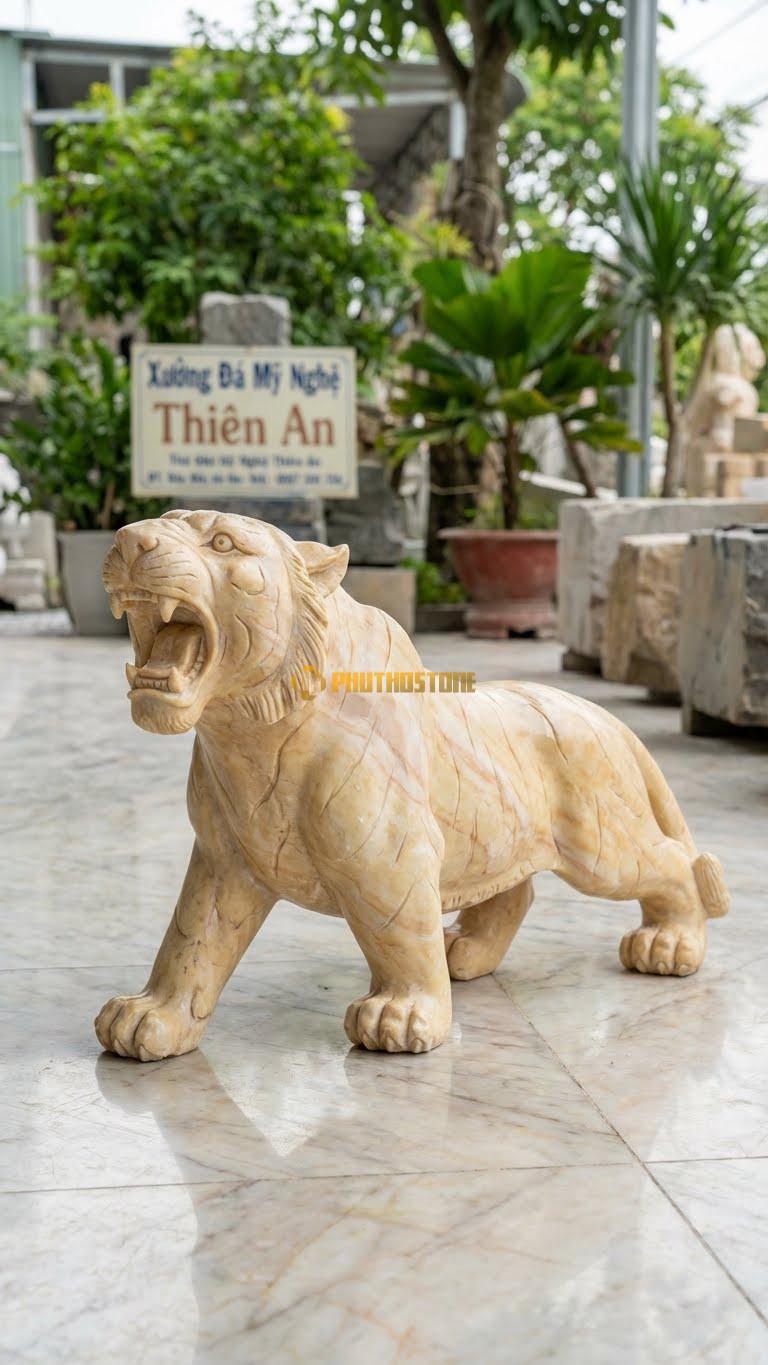 Hổ Gầm (Tiếng Gầm Vang) Bằng Đá Vàng Nghệ An, Kiểu Dáng Đầu Ngẩng, Miệng Há Lớn. Kích Thước Dài 50cm.