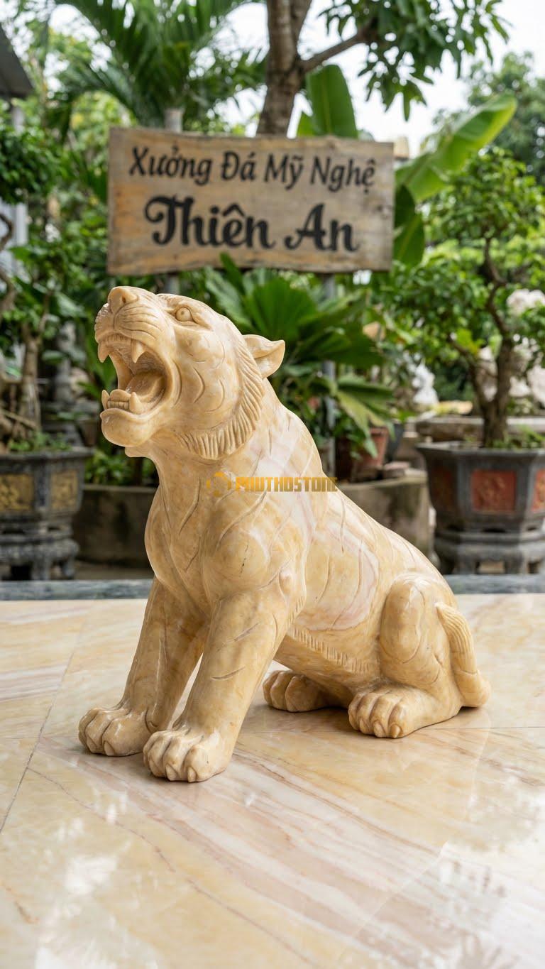 Hổ Gầm (Tiếng Gầm Vang) Bằng Đá Vàng Nghệ An, Kiểu Dáng Đầu Ngẩng, Miệng Há Lớn. Kích Thước Dài 50cm.