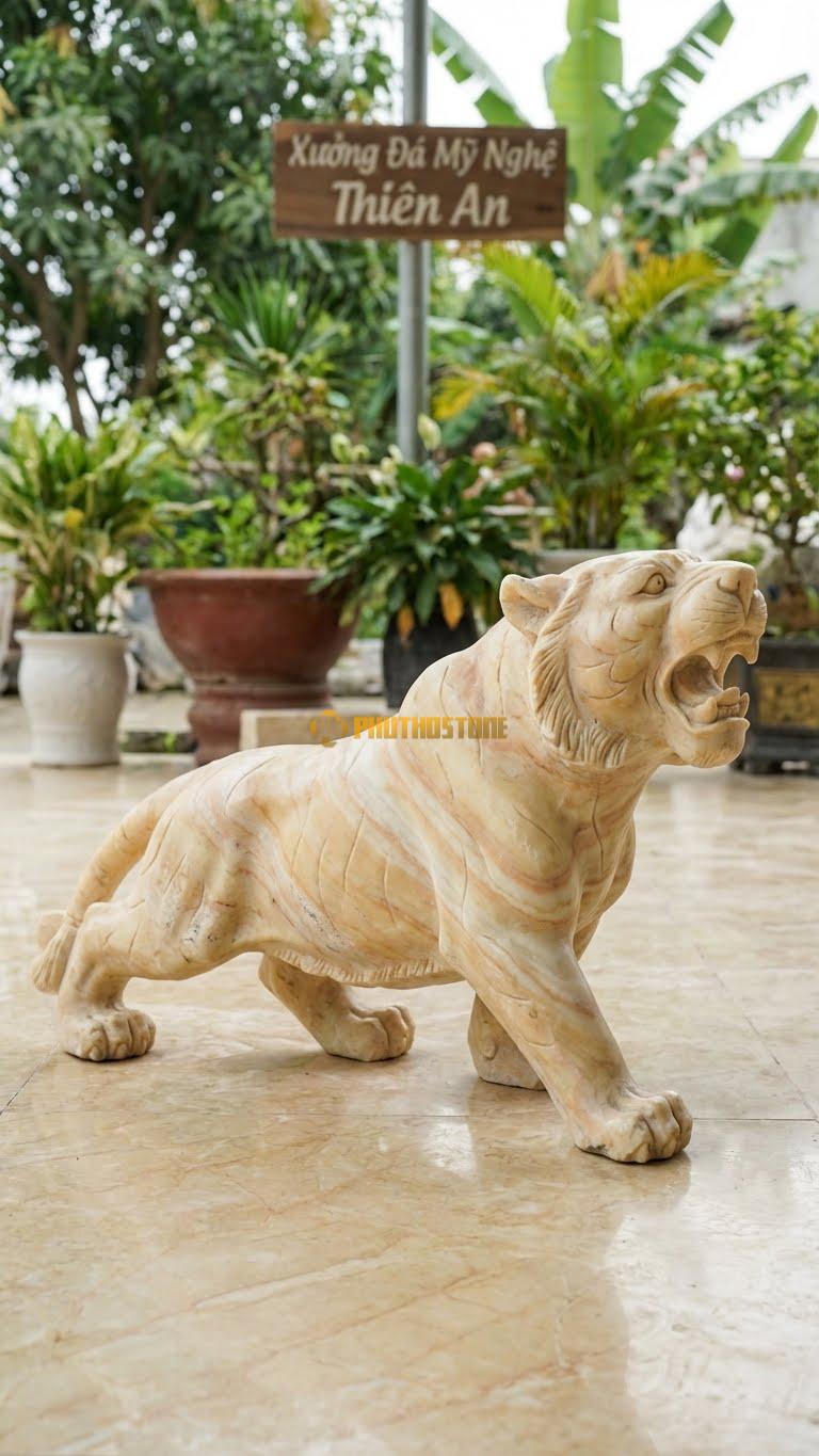 Hổ Gầm (Tiếng Gầm Vang) Bằng Đá Vàng Nghệ An, Kiểu Dáng Đầu Ngẩng, Miệng Há Lớn. Kích Thước Dài 50cm.