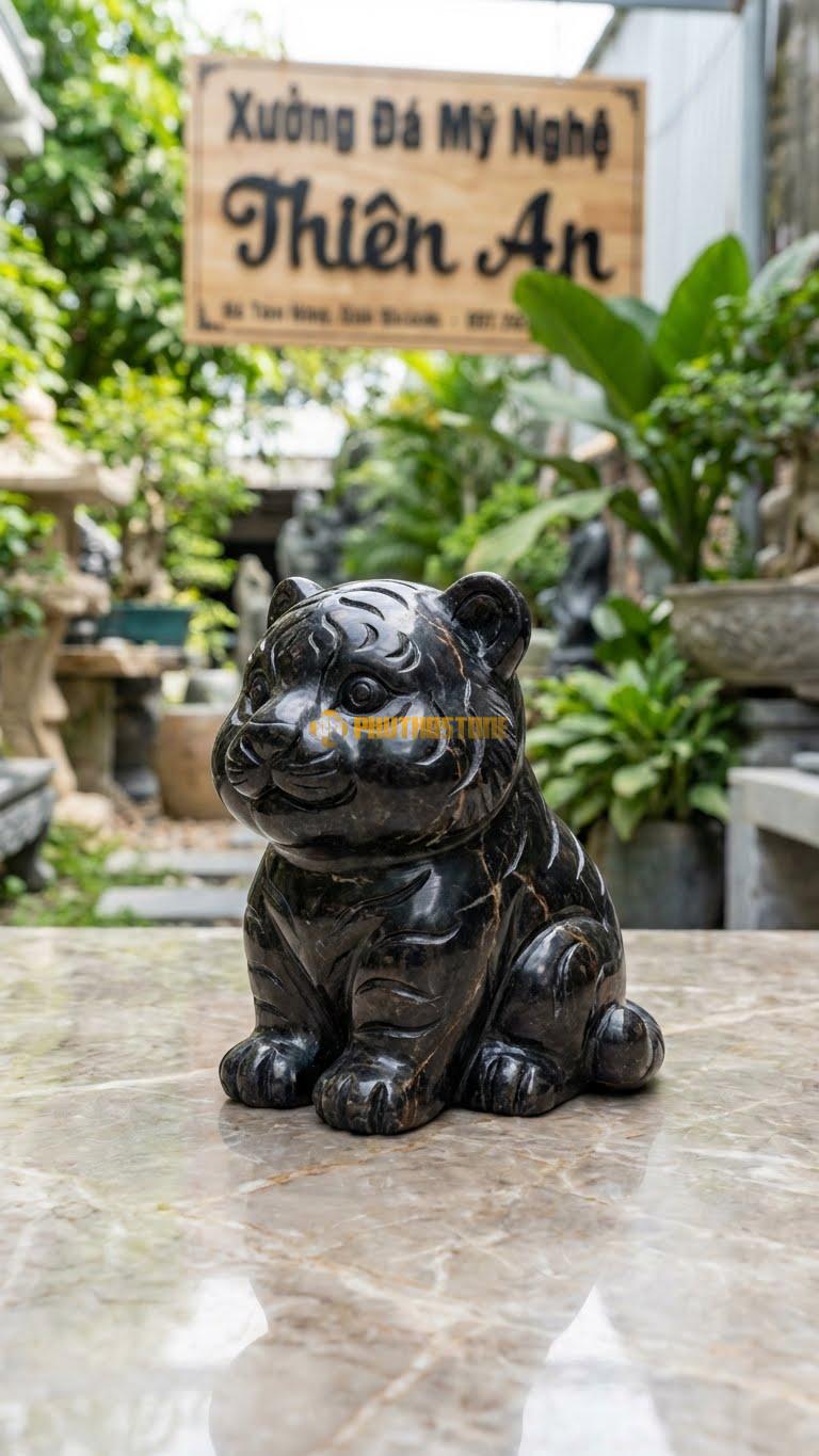 Hổ Mini (Cute) Bằng Đá Đen Chỉ Nâu, Kiểu Dáng Hổ Béo, Dáng Hoạt Hình. Kích Thước Cao 10cm.