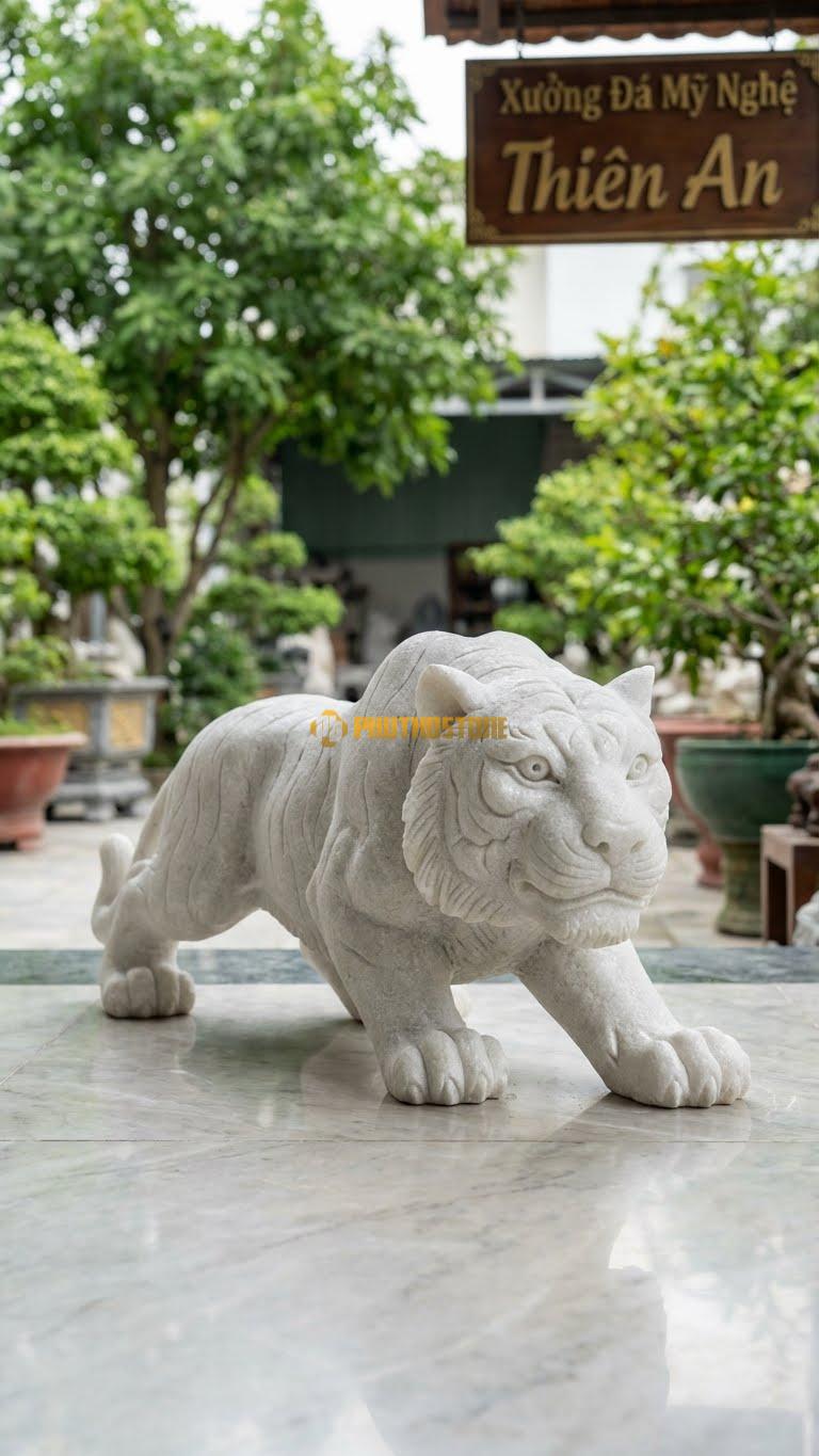 Hổ Phục (Nằm Rình) Bằng Đá Trắng Muối, Kiểu Dáng Dáng Nằm Nhưng Mắt Sắc. Kích Thước Dài 40cm.