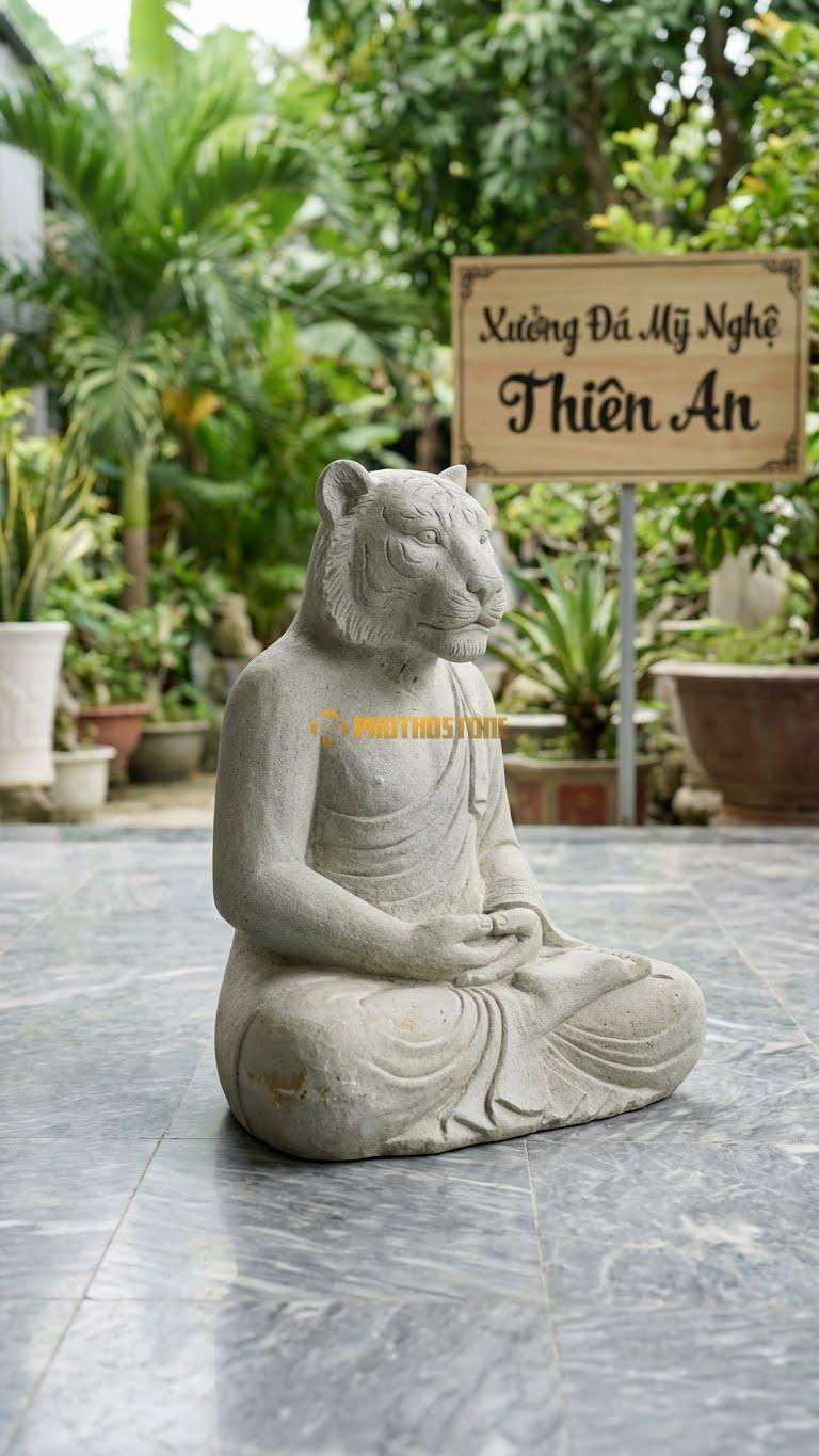 Hổ Thượng Sơn (Lên Núi) Bằng Đá Sa Thạch, Kiểu Dáng Tu Thành Chính Quả/Nghỉ Ngơi. Kích Thước Cao 40cm.