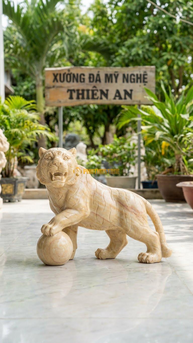 Hổ Vờn Cầu Bằng Đá Vàng Nghệ An, Kiểu Dáng Chân Đặt Lên Quả Cầu. Kích Thước Cao 35cm.