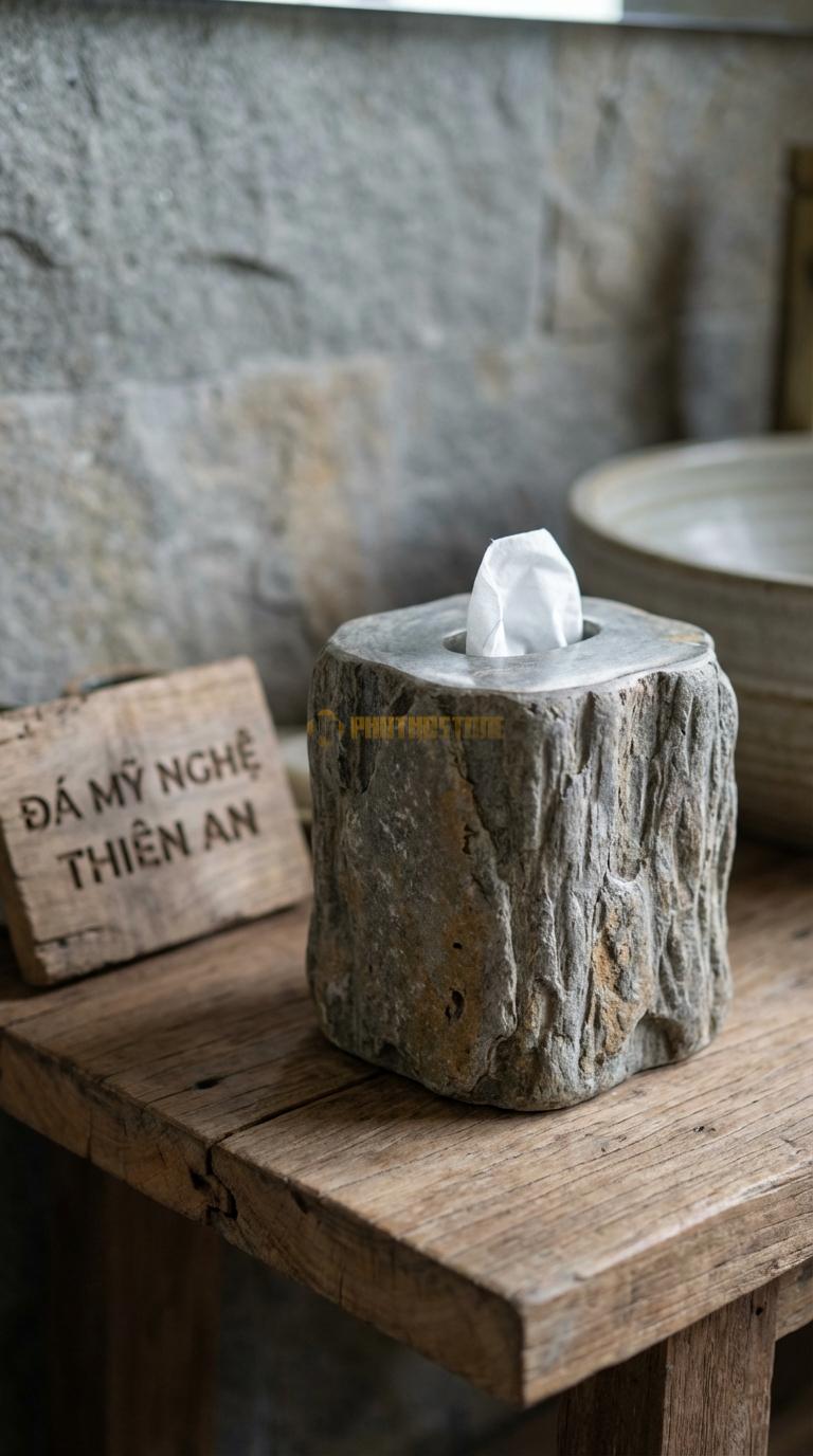 Hộp Giấy Đá Cuội Hình Gốc Cây Chạm Khắc Sần Sùi Giả Gốc Cây Cổ Thụ 24cm x 14cm x 11cm