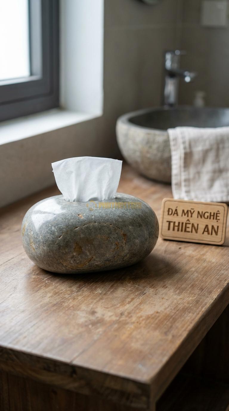 Hộp Giấy Đá Cuội Trơn Bóng Kính Không Chạm, Mài Bóng Lộ Vân Đá Tự Nhiên 100% 23cm x 12cm x 10cm