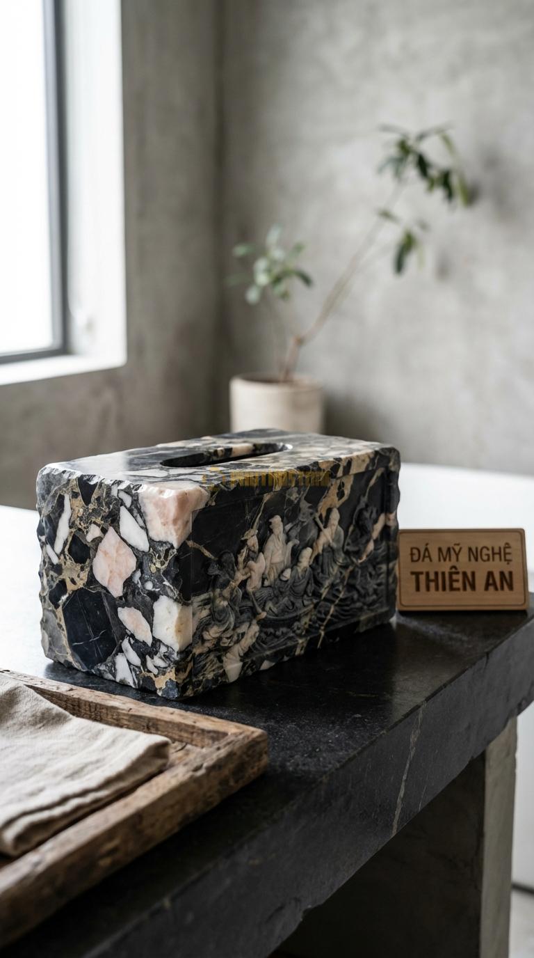 Hộp Giấy Đá Da Báo Bát Tiên Chạm Sự Tích Bát Tiên Quá Hải (8 Vị Tiên) 26cm x 14cm x 12cm (Đại)