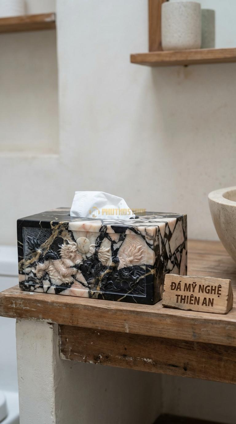 Hộp Giấy Đá Da Báo Chạm Rồng Nổi Song Long Chầu Nguyệt (Rồng Nổi Khối 3D) 25cm x 14cm x 12cm