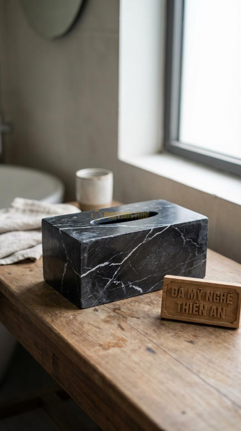 Hộp Giấy Đá Da Báo Đá Đen Tia Chớp Sử Dụng Đá Đen Có Vân Trắng Tia Chớp (Nero Style) 24cm x 13cm x 11cm