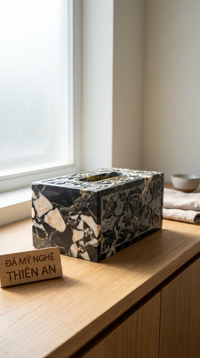 Hộp Giấy Đá Da Báo Hoa Mẫu Đơn Chạm Dây Hoa Mẫu Đơn Phú Quý Nở Rộ 24cm x 13cm x 11cm