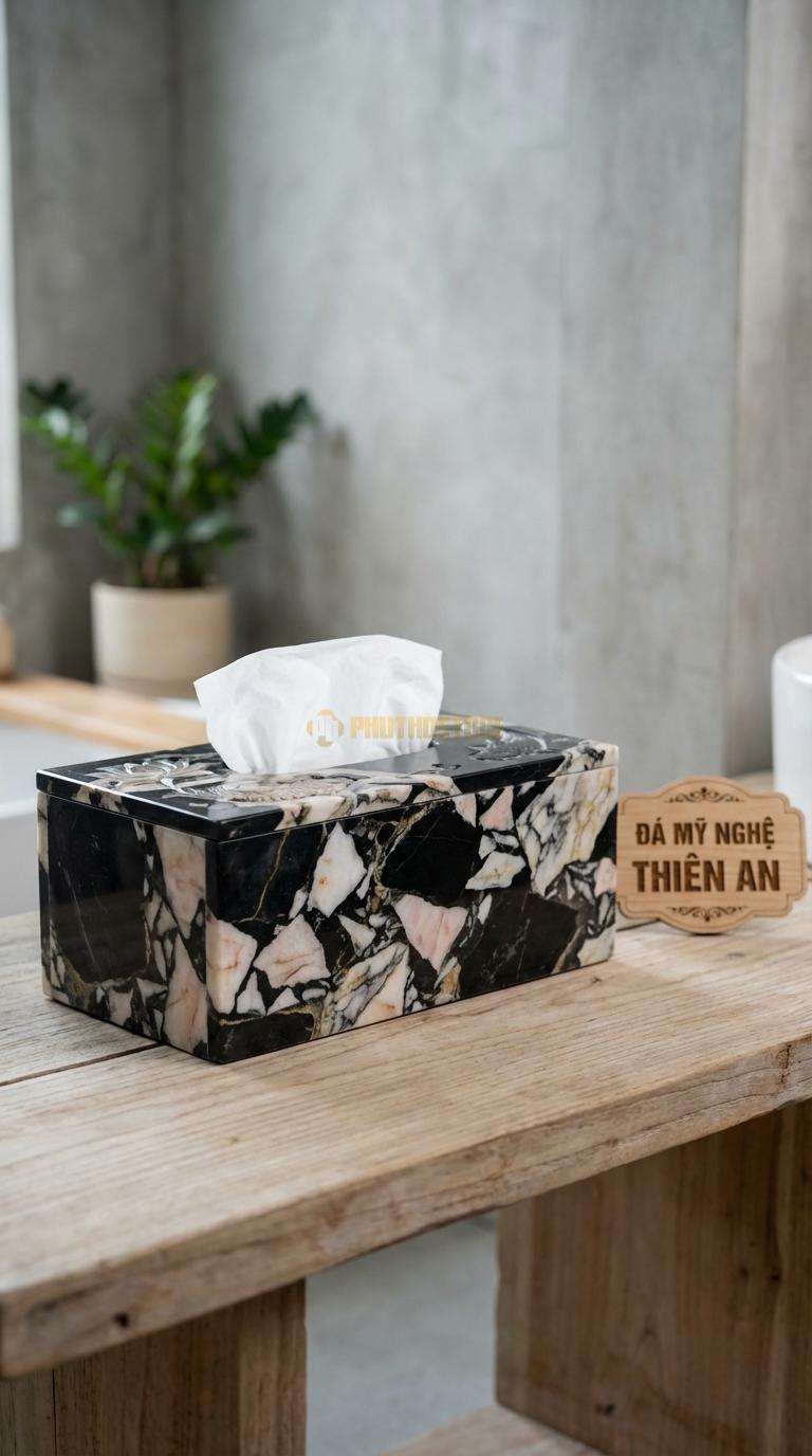 Hộp Giấy Đá Da Báo Hoa Sen Cá Chép Bức Tranh “Cửu Ngư Quần Hội” (Sen & Cá) 24cm x 13cm x 11cm