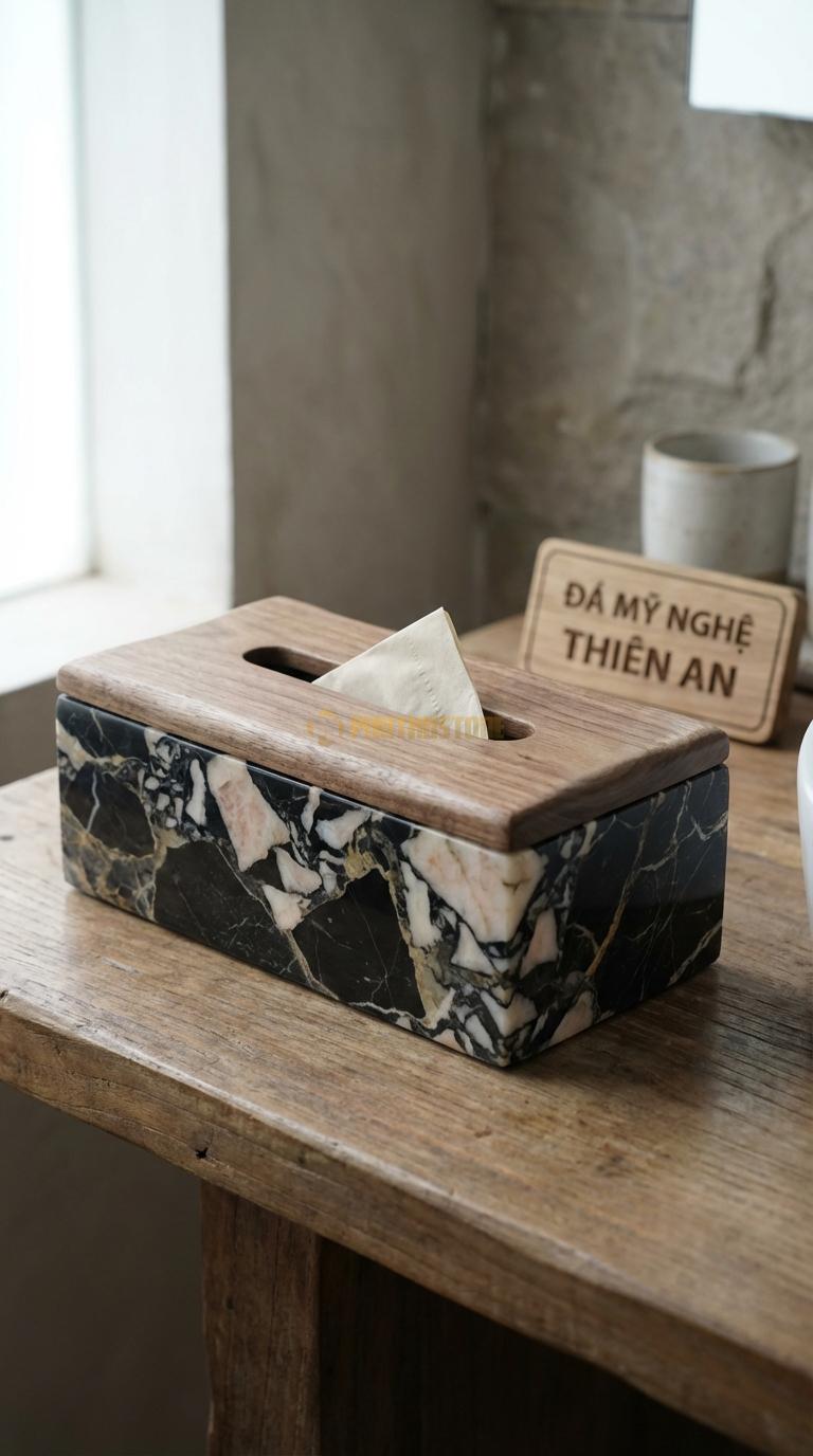 Hộp Giấy Đá Da Báo Phối Gỗ (Nắp Gỗ) Thân Bằng Đá, Nắp Đậy Bằng Gỗ Walnut/Sồi 23cm x 12cm x 9.5cm