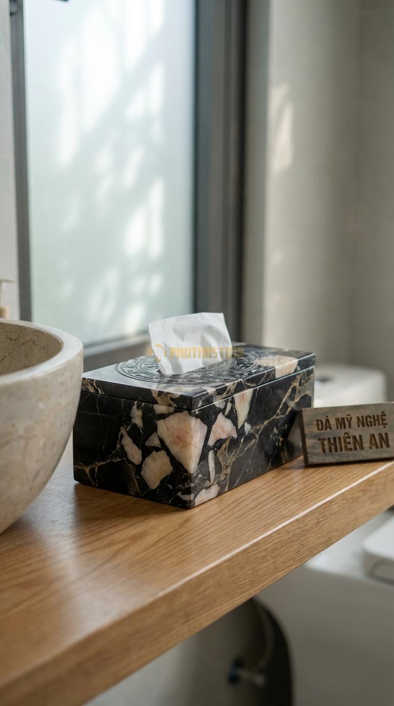 Hộp Giấy Đá Da Báo Trống Đồng Mặt Nắp/Thân Chạm Hoa Văn Trống Đồng Đôn G Sơn 23cm x 12cm x 10cm