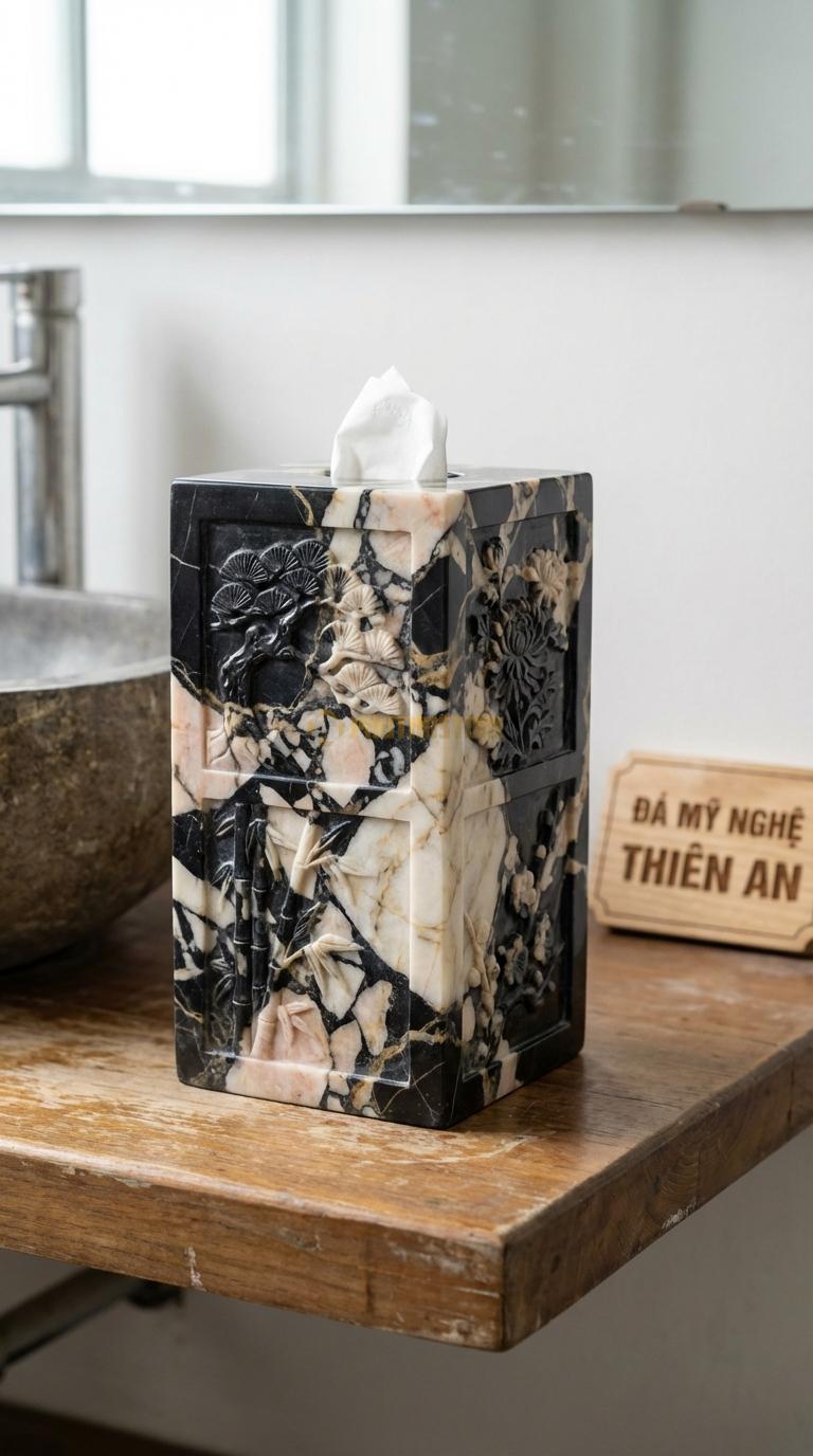 Hộp Giấy Đá Da Báo Tứ Quý Tùng Cúc Chạm 4 Mặt Tranh Tứ Quý (Tùng – Cúc – Trúc – Mai) 24cm x 13cm x 11cm