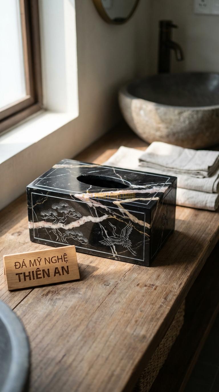 Hộp Giấy Đá Da Báo Tùng Hạc Chạm Cảnh Tùng Hạc Diên Niên (Tỉa Nét Chìm) 24cm x 13cm x 11cm