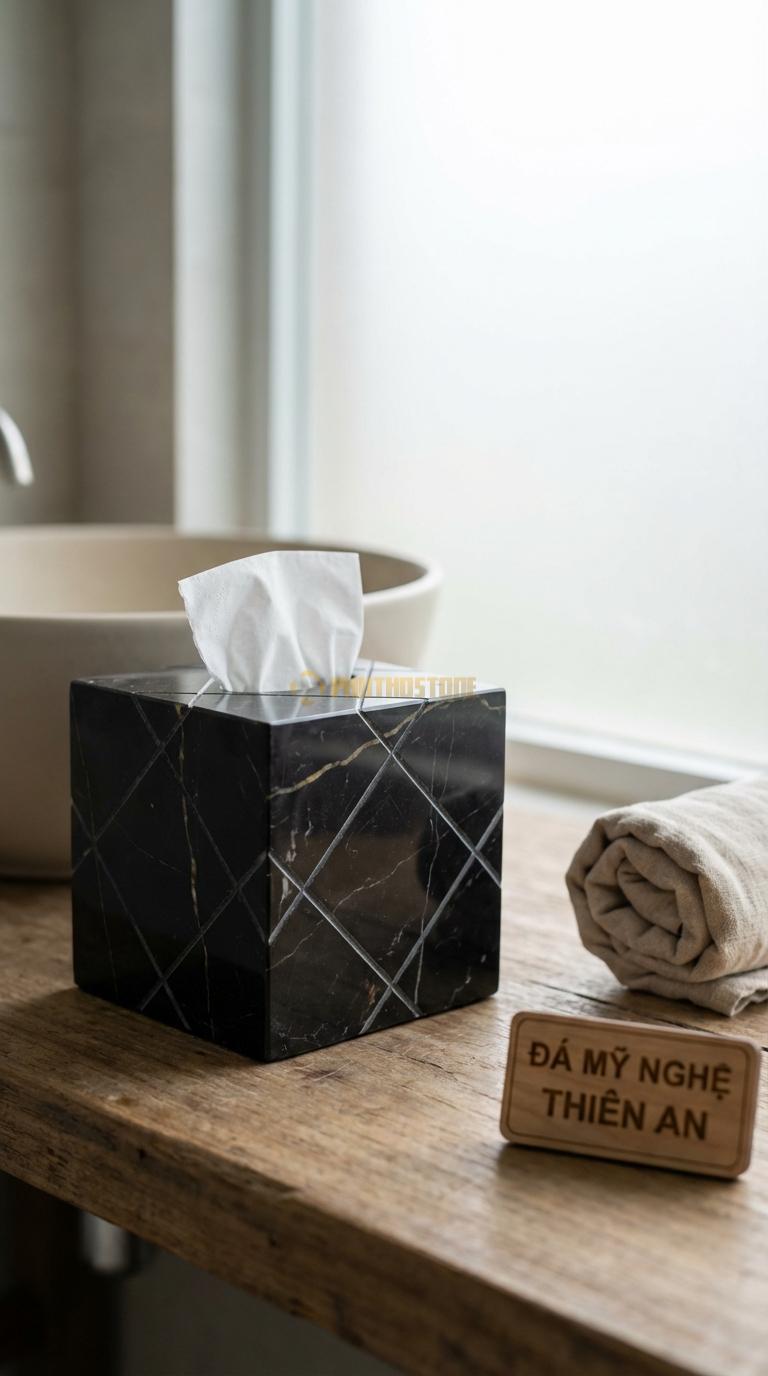 Hộp Giấy Đá Đen Chỉ Nâu Chạm Kỷ Hà Họa Tiết Đường Line Đan Chéo Hiện Đại 14cm x 14cm x 14cm
