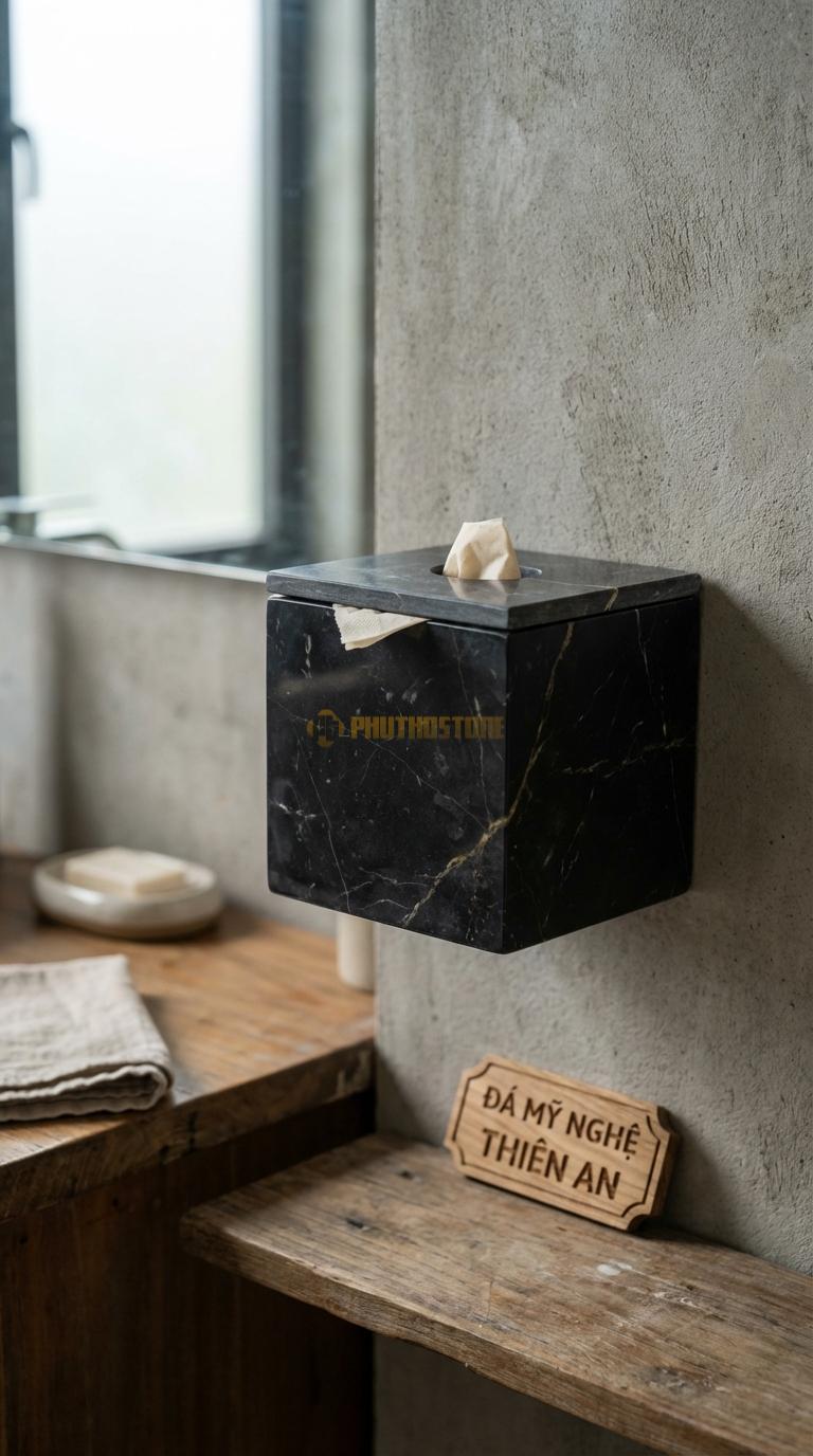 Hộp Giấy Đá Đen Chỉ Nâu Gắn Tường Có Nắp Nắp Đậy Bằng Đá Mỏng Nhẹ, Tinh Xảo 15cm x 15cm x 15cm