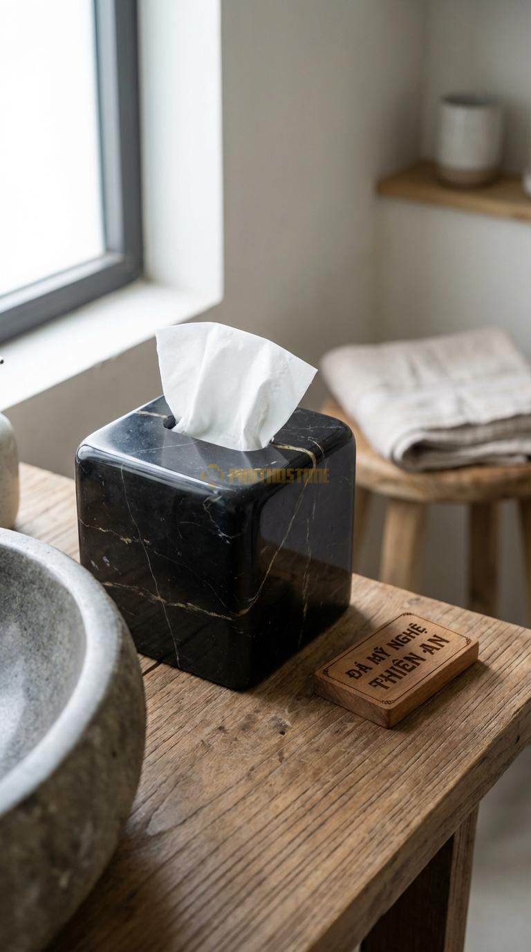 Hộp Giấy Đá Đen Chỉ Nâu Vuông Bo Góc Dáng Vuông Nhưng Bo Tròn 4 Góc Mềm Mại 13cm x 13cm x 13cm