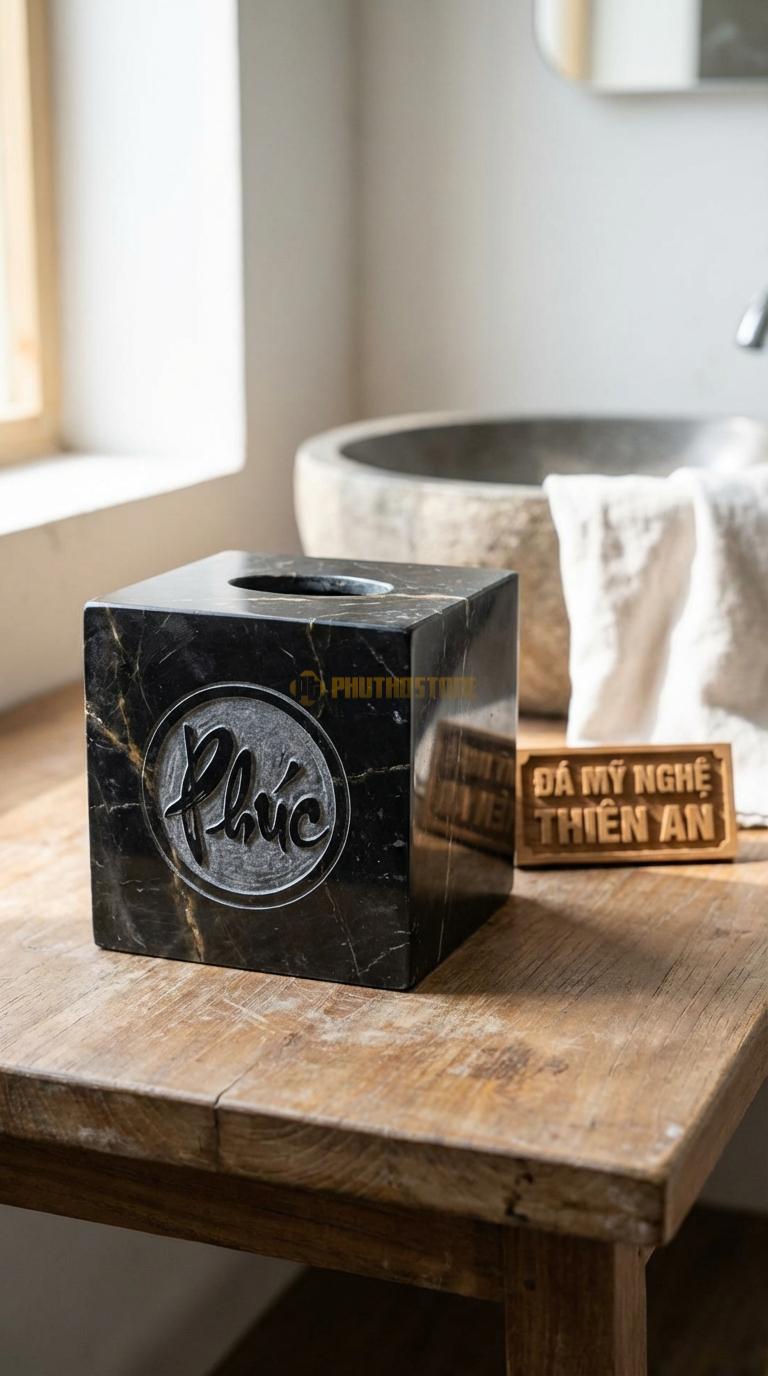 Hộp Giấy Đá Đen Chỉ Nâu Vuông Chạm Phúc Chữ Phúc Tròn Ở Mặt Trước Hộp 14cm x 14cm x 14cm