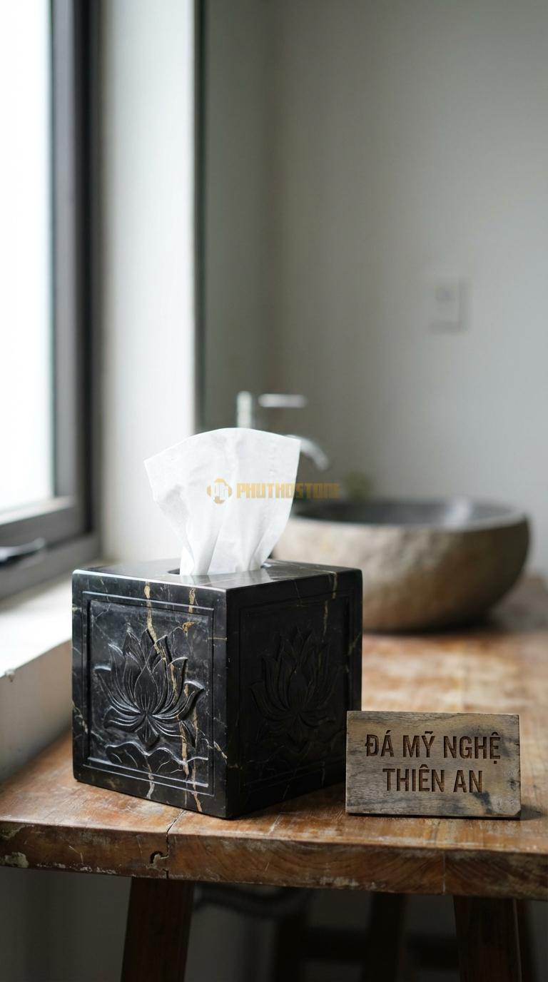 Hộp Giấy Đá Đen Chỉ Nâu Vuông (Giấy Rút) Mẫu Vuông Vắn, Chạm Hoa Sen 4 Mặt 14cm x 14cm x 14cm