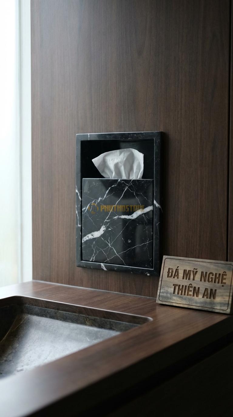 Hộp Giấy Đá Đen Tia Chớp Âm Tường Lắp Lọt Vào Tường, Mặt Ngoài Bằng Đá 18cm x 18cm x 10cm