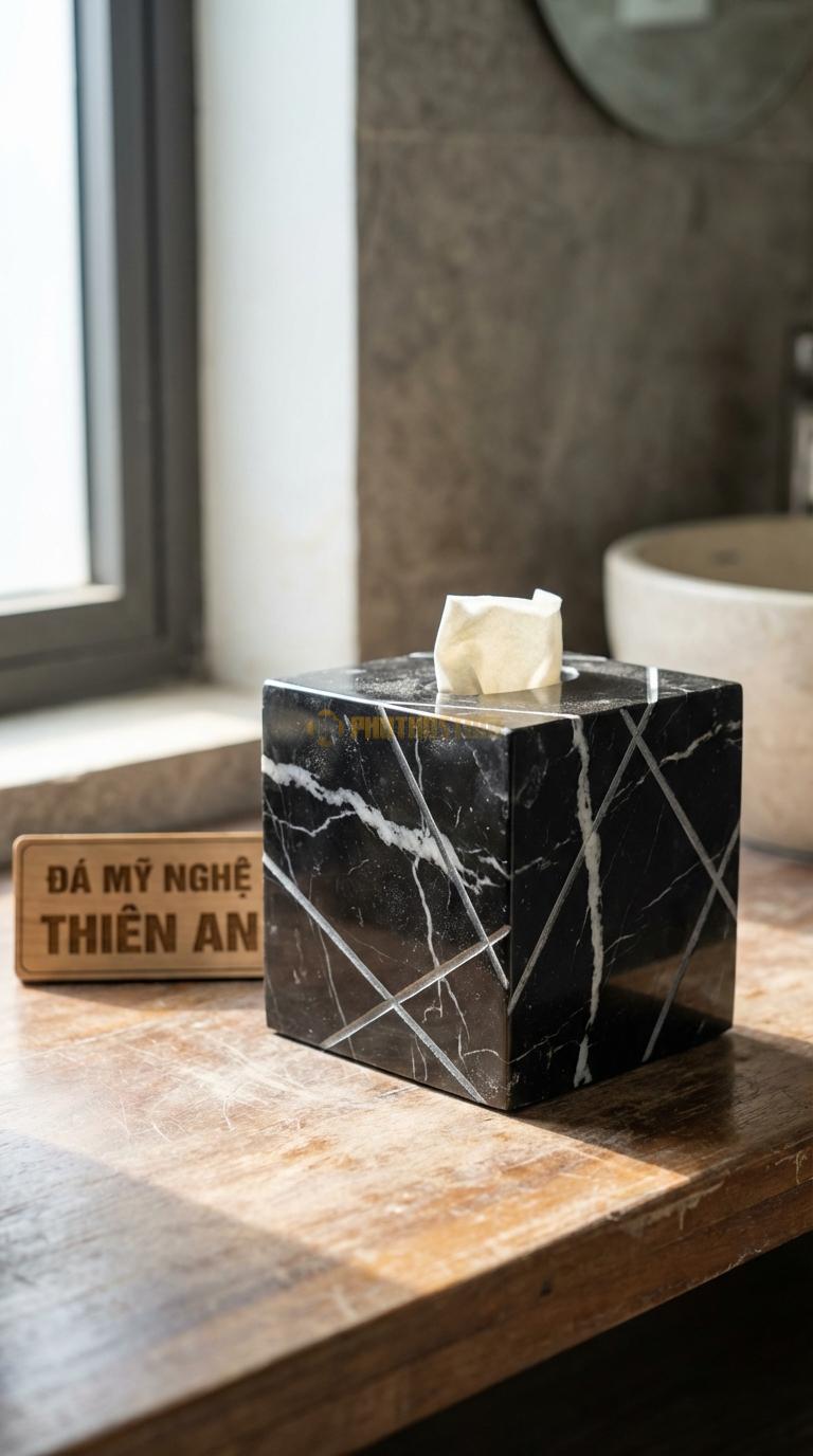 Hộp Giấy Đá Đen Tia Chớp Chạm Kỷ Hà Họa Tiết Đường Line Đan Chéo Hiện Đại 14cm x 14cm x 14cm