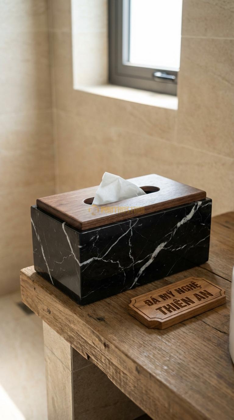 Hộp Giấy Đá Đen Tia Chớp Phối Gỗ (Nắp Gỗ) Thân Bằng Đá, Nắp Đậy Bằng Gỗ Walnut/Sồi 23cm x 12cm x 9.5cm