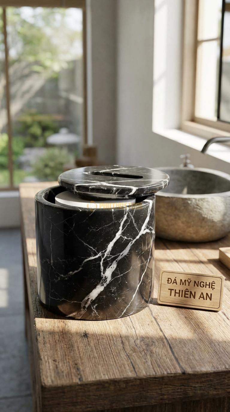 Hộp Giấy Đá Đen Tia Chớp Tròn Nguyên Khối Dạng Trụ Tròn (Ống), Nắp Rời (Khác Biệt) Đkính 14cm x Cao 15cm (Giấy Cuộn)