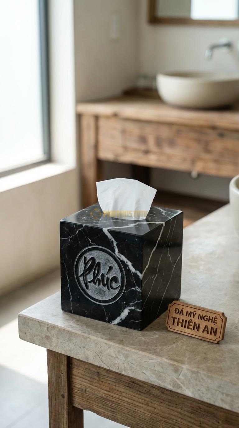 Hộp Giấy Đá Đen Tia Chớp Vuông Chạm Phúc Chữ Phúc Tròn Ở Mặt Trước Hộp 14cm x 14cm x 14cm