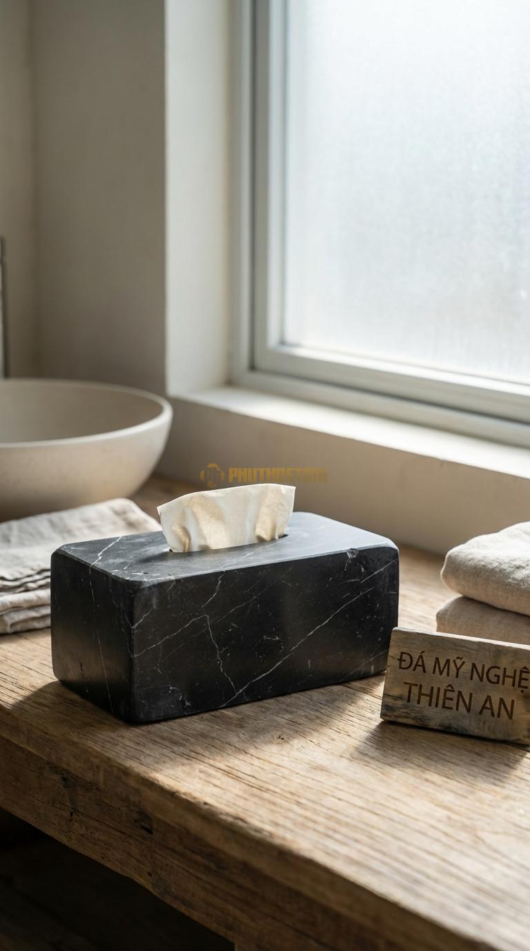 Hộp Giấy Đá Granite Đá Đen Tia Chớp Sử Dụng Đá Đen Có Vân Trắng Tia Chớp (Nero Style) 24cm x 13cm x 11cm