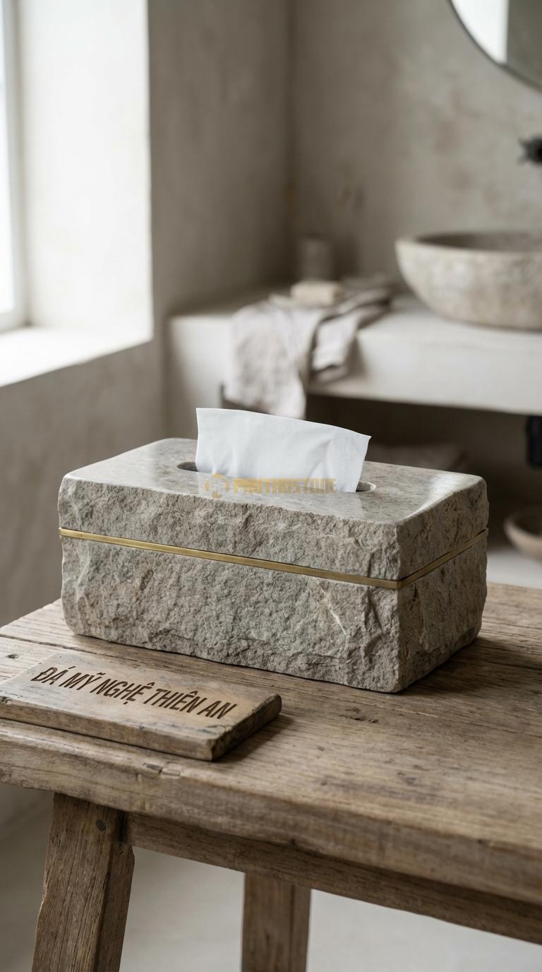 Hộp Giấy Đá Granite Nẹp Chỉ Vàng Thân Đá Trơn, Nẹp Chỉ Đồng/Inox Vàng Chạy Ngang 24cm x 13cm x 11cm