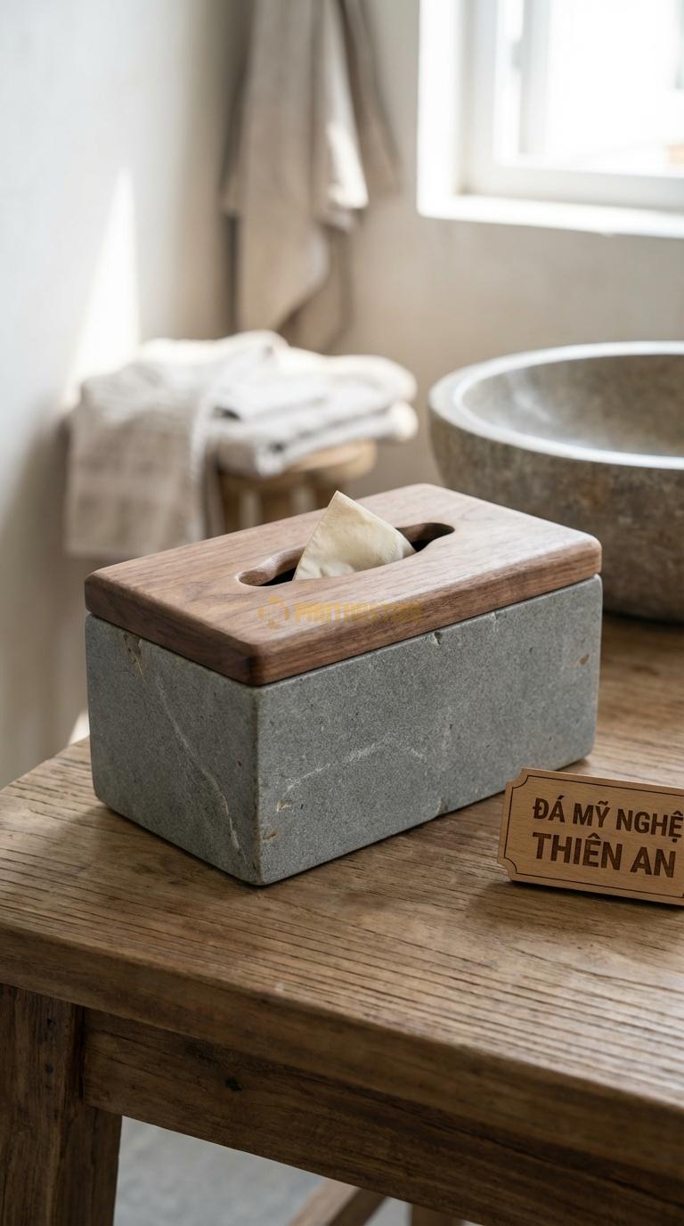 Hộp Giấy Đá Granite Phối Gỗ (Nắp Gỗ) Thân Bằng Đá, Nắp Đậy Bằng Gỗ Walnut/Sồi 23cm x 12cm x 9.5cm