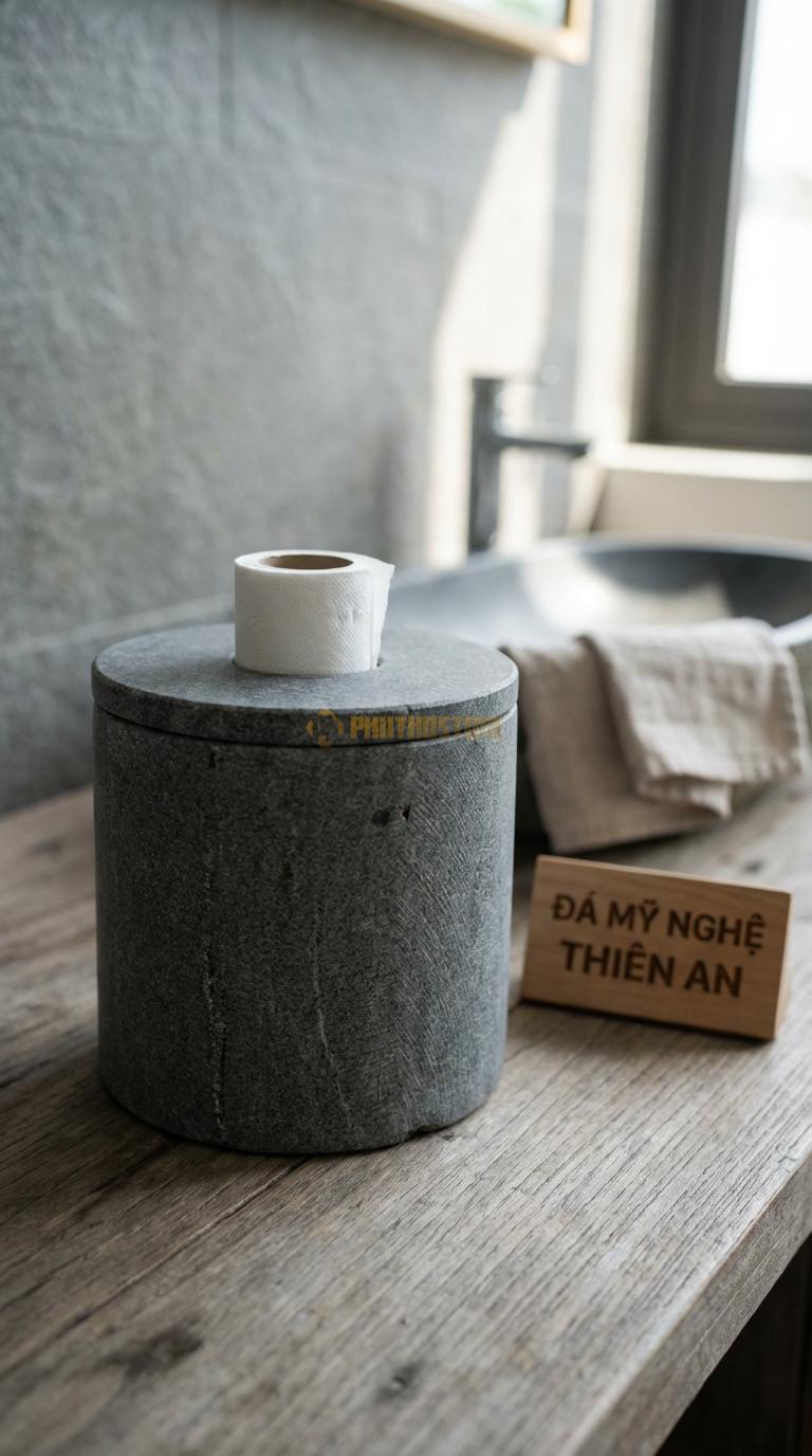 Hộp Giấy Đá Granite Tròn Nguyên Khối Dạng Trụ Tròn (Ống), Nắp Rời (Khác Biệt) Đkính 14cm x Cao 15cm (Giấy Cuộn)