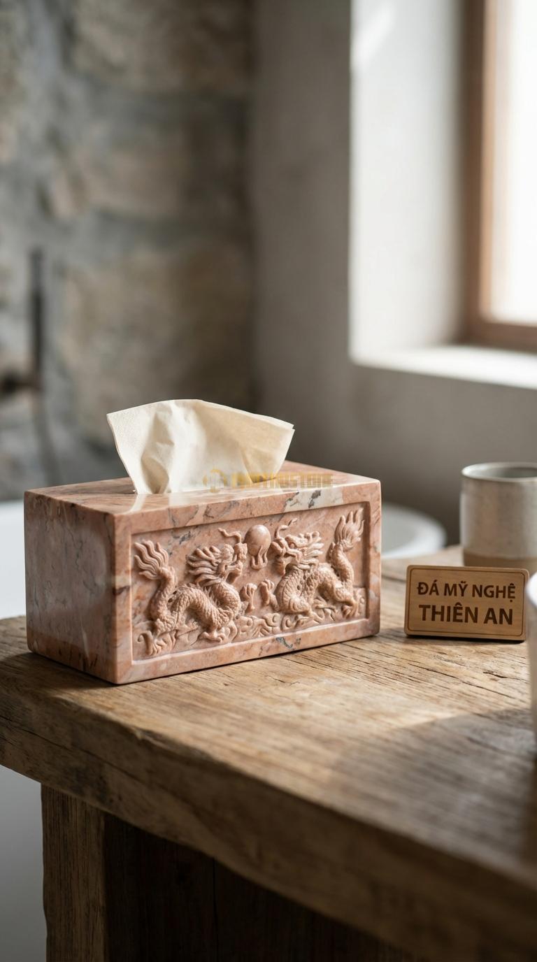 Hộp Giấy Đá Hồng Chạm Rồng Nổi Song Long Chầu Nguyệt (Rồng Nổi Khối 3D) 25cm x 14cm x 12cm