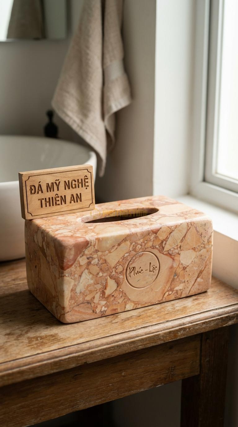 Hộp Giấy Đá Hồng Chữ Phúc – Lộc Chữ Hán Hoặc Việt Thư Pháp Trong Khung Tròn 24cm x 13cm x 11cm