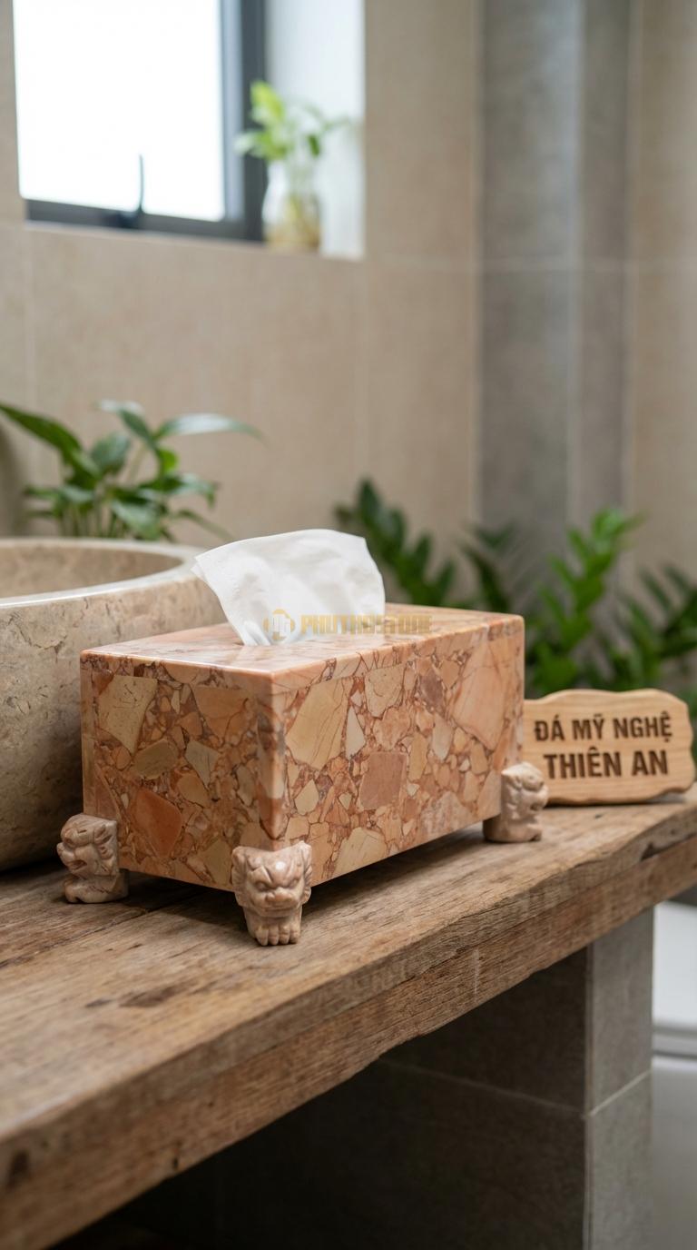 Hộp Giấy Đá Hồng Có Chân Đế Có 4 Chân Đế Đồng Hoặc Đá Chạm Đầu Lân 24cm x 14cm x 13cm (Cao Hơn)