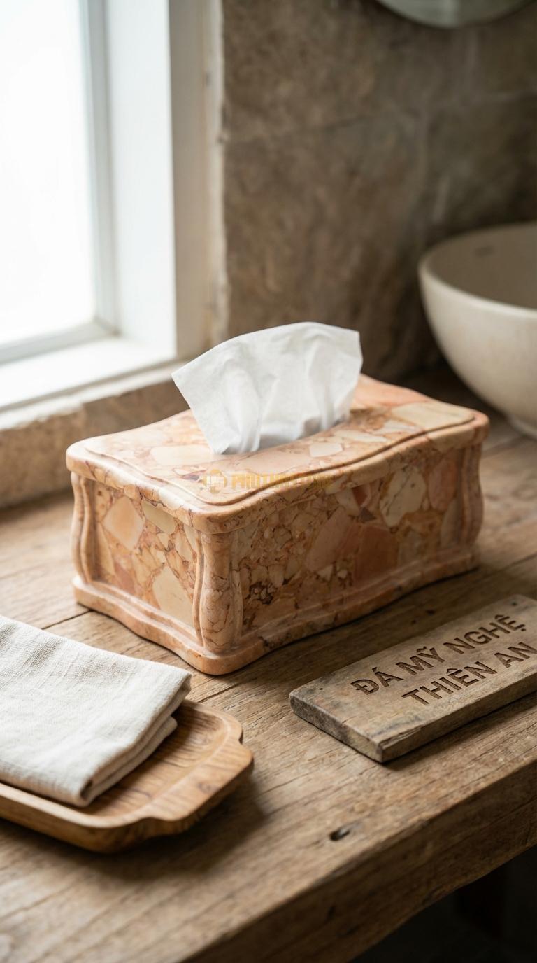 Hộp Giấy Đá Hồng Dáng Tân Cổ Điển Phào Chỉ Uốn Lượn Theo Phong Cách Hoàng Gia 16cm x 16cm x 15cm
