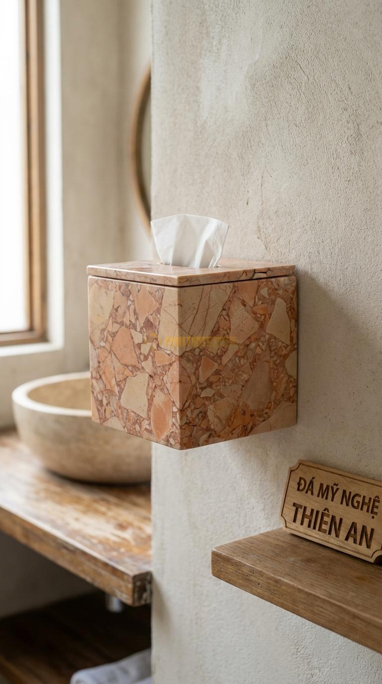 Hộp Giấy Đá Hồng Gắn Tường Có Nắp Nắp Đậy Bằng Đá Mỏng Nhẹ, Tinh Xảo 15cm x 15cm x 15cm