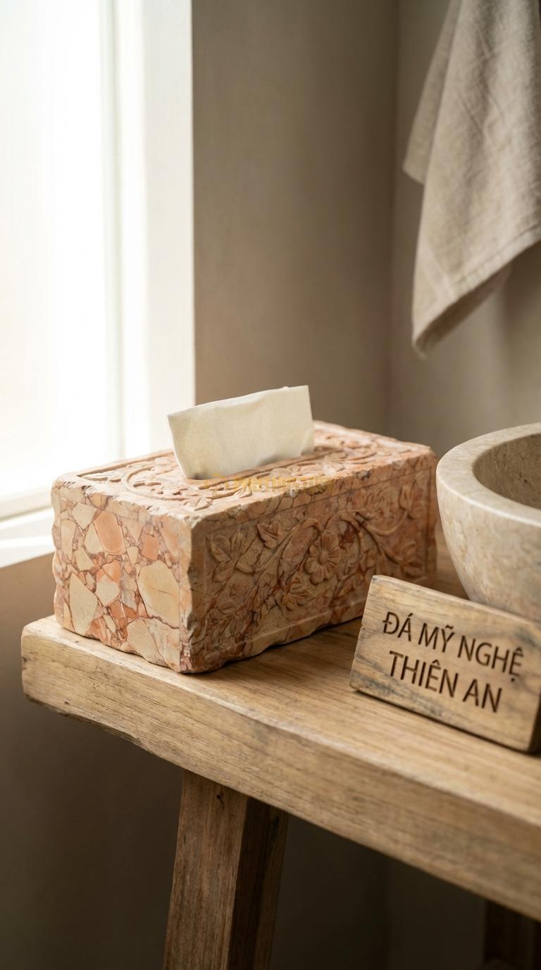 Hộp Giấy Đá Hồng Giả Cổ (Rạn) Xử Lý Bề Mặt Nứt Rạn Giả Cổ, Chạm Hoa Dây 23cm x 13cm x 10cm