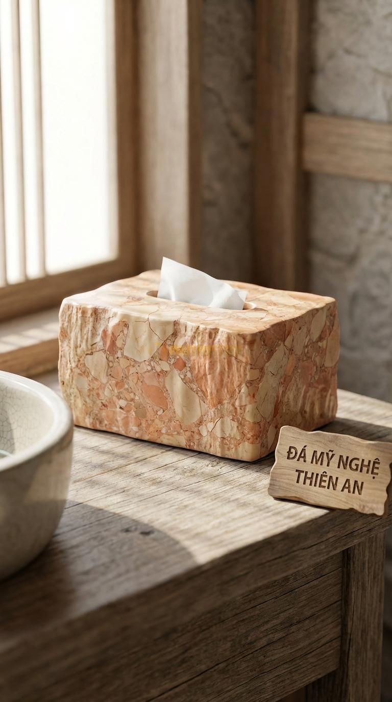 Hộp Giấy Đá Hồng Hình Gốc Cây Chạm Khắc Sần Sùi Giả Gốc Cây Cổ Thụ 24cm x 14cm x 11cm