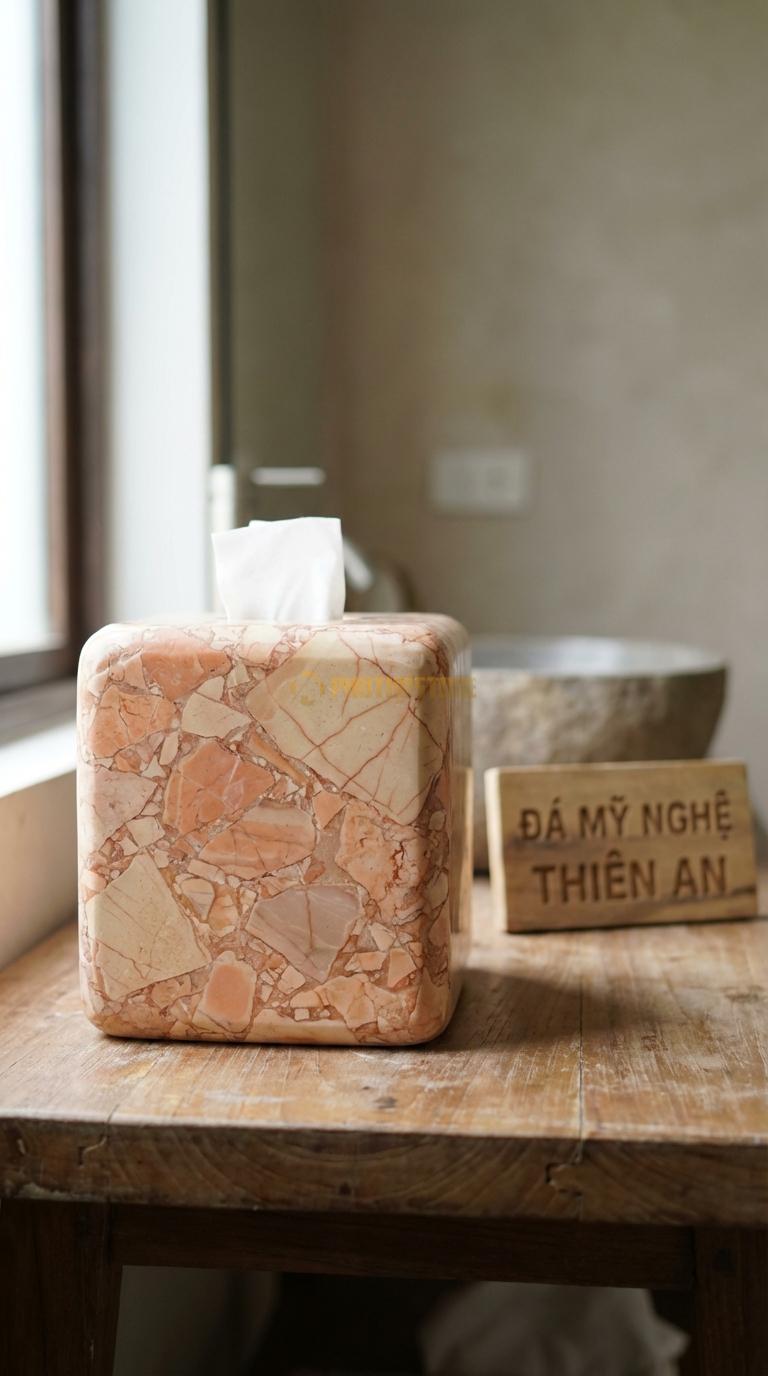 Hộp Giấy Đá Hồng Hoa Mẫu Đơn Chạm Dây Hoa Mẫu Đơn Phú Quý Nở Rộ 24cm x 13cm x 11cm