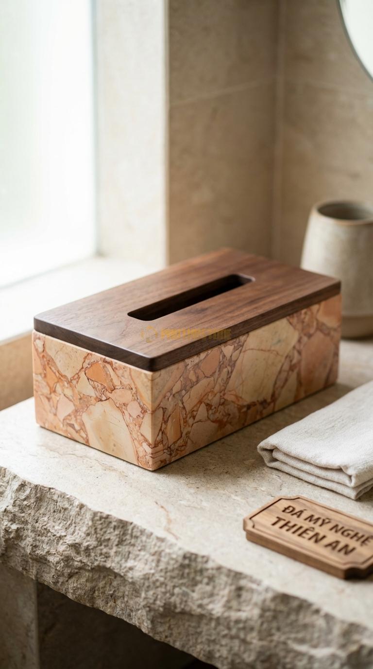 Hộp Giấy Đá Hồng Phối Gỗ (Nắp Gỗ) Thân Bằng Đá, Nắp Đậy Bằng Gỗ Walnut/Sồi 23cm x 12cm x 9.5cm