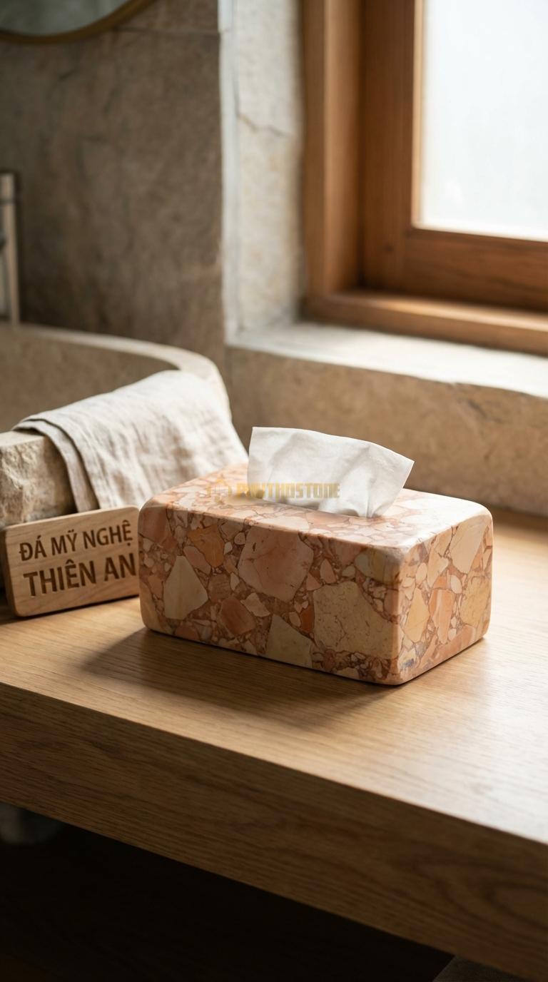 Hộp Giấy Đá Hồng Trống Đồng Mặt Nắp/Thân Chạm Hoa Văn Trống Đồng Đôn G Sơn 23cm x 12cm x 10cm