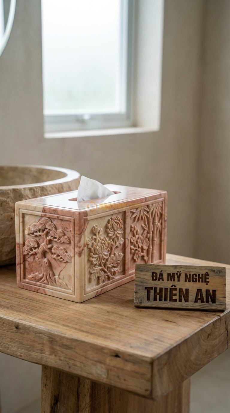 Hộp Giấy Đá Hồng Tứ Quý Tùng Cúc Chạm 4 Mặt Tranh Tứ Quý (Tùng – Cúc – Trúc – Mai) 24cm x 13cm x 11cm