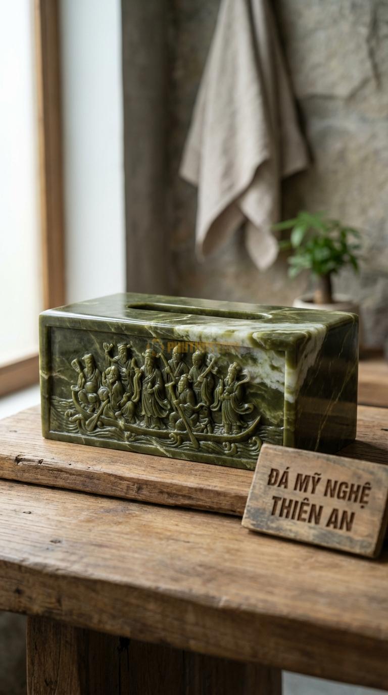 Hộp Giấy Đá Serpentine Bát Tiên Chạm Sự Tích Bát Tiên Quá Hải (8 Vị Tiên) 26cm x 14cm x 12cm (Đại)