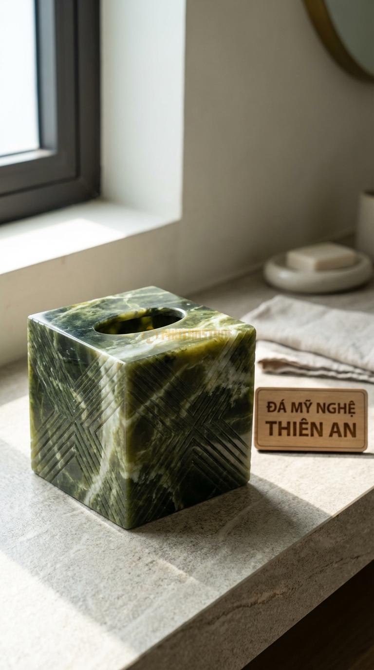 Hộp Giấy Đá Serpentine Chạm Kỷ Hà Họa Tiết Đường Line Đan Chéo Hiện Đại 14cm x 14cm x 14cm